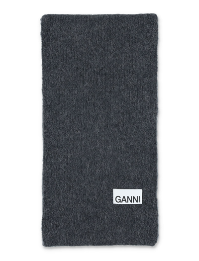 Shop Ganni Logo Scarf In Grey