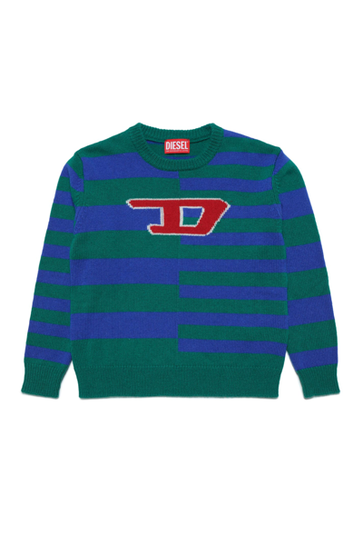 Shop Diesel Kemply Knitwear  Wool-blend Striped Logo Sweater In Bottle Green