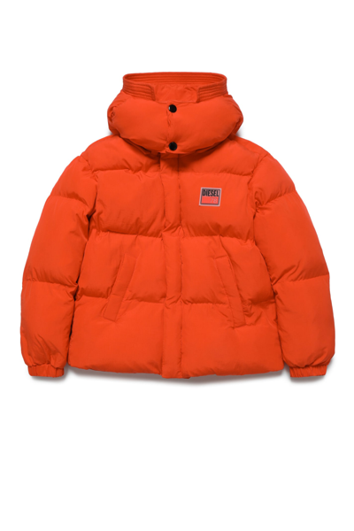 Shop Diesel Jpil Jacket  Hooded Down Jacket With Patches In Celosia Orange