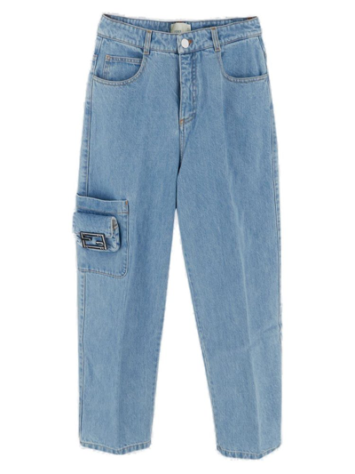 Shop Fendi Kids Double F Straight Leg Denim Jeans In Blue
