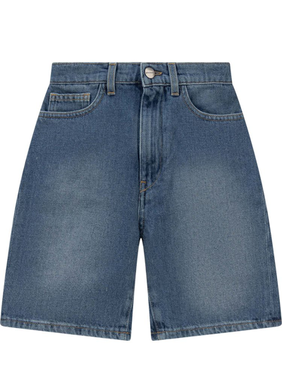 Shop Palm Angels Kids Logo Printed Straight Leg Denim Shorts In Blue