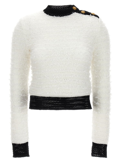 Shop Balmain Button Detailed Tweed Sweater In White