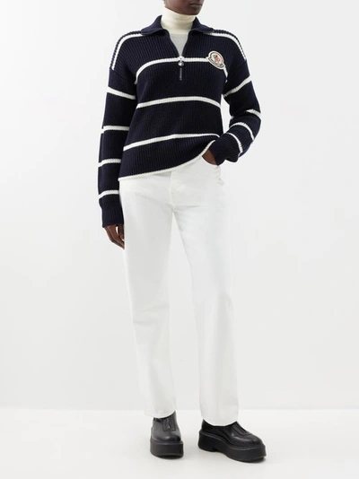 Shop Moncler Half-zip Striped Merino-wool Sweater In Black White