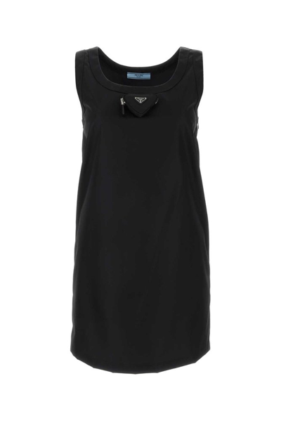 Shop Prada Logo Plaque Sleeveless Mini Dress In Black