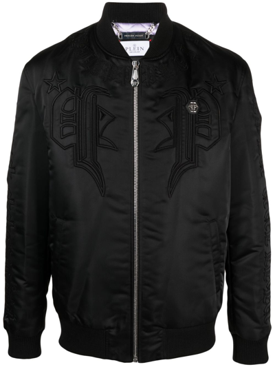 Shop Philipp Plein Logo-embroidered Satin Bomber Jacket In Black
