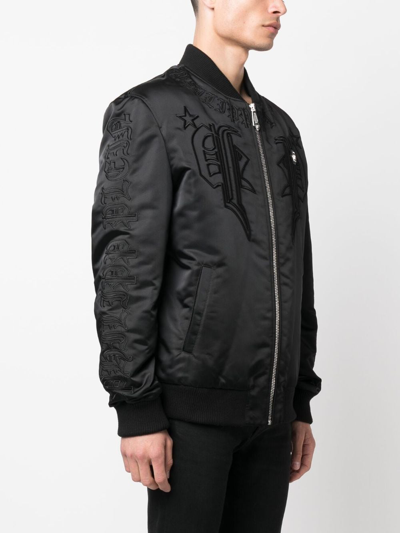 Philipp Plein Logo-embroidered Satin Bomber Jacket In Black