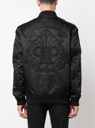 Philipp Plein Logo-embroidered Satin Bomber Jacket In Black