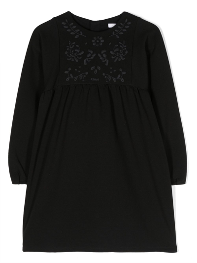 Shop Chloé Logo-embroidered Cotton Dress In Black