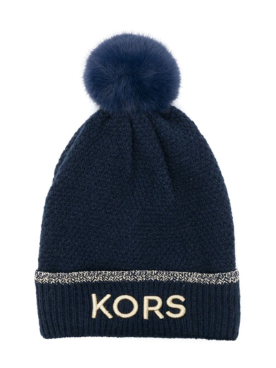 Shop Michael Kors Embroidered-logo Pompom Beanie In Blue