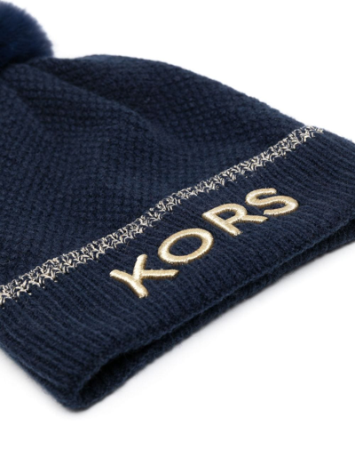 Shop Michael Kors Embroidered-logo Pompom Beanie In Blue