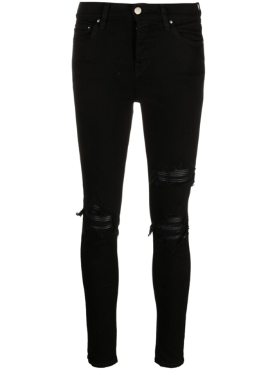 Shop Amiri Mx1 Leather-trimmed Distressed Skinny Jeans In Black