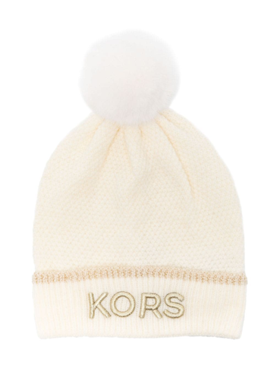 Shop Michael Kors Embroidered-logo Pompom Beanie In Neutrals