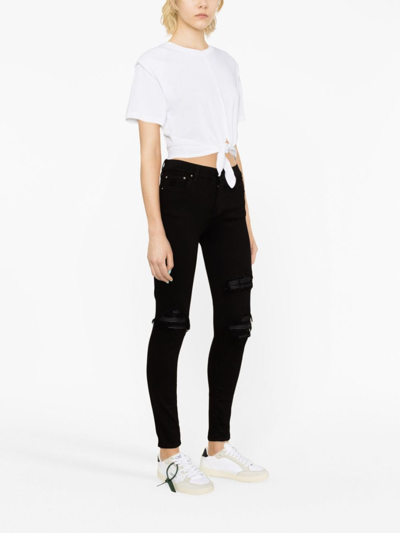 Shop Amiri Mx1 Leather-trimmed Distressed Skinny Jeans In Black