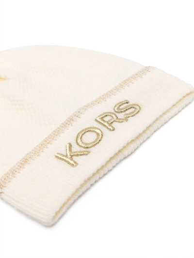 Shop Michael Kors Embroidered-logo Pompom Beanie In Neutrals