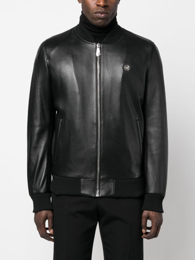 Shop Philipp Plein Bomber Leather Jacket In Black