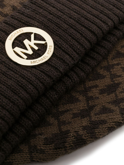 Shop Michael Kors Monogram-pattern Knit Beanie In Brown