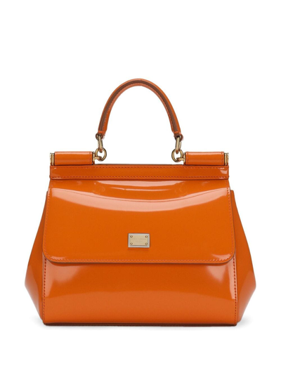 Shop Dolce & Gabbana Small Sicily Patent-leather Tote Bag In Orange
