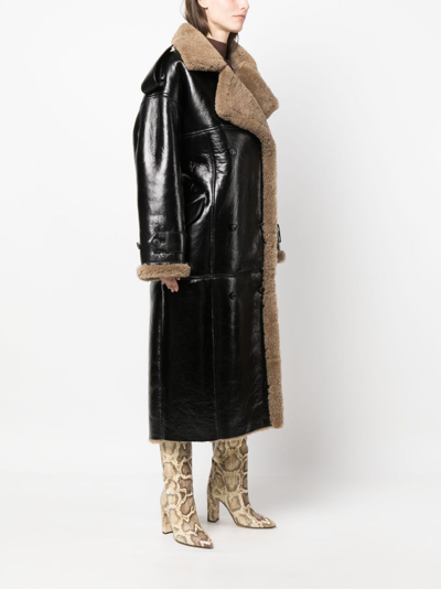 Shop The Mannei Double-breasted Shearling-trim Leather Coat In Black