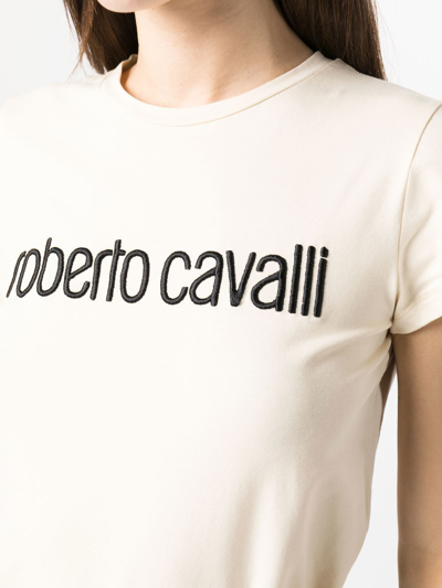 Shop Roberto Cavalli Logo-embroidered T-shirt In Neutrals