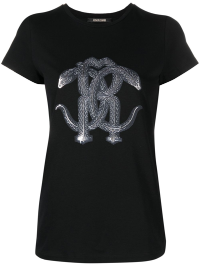 Shop Roberto Cavalli Monogram Snake-print T-shirt In Black