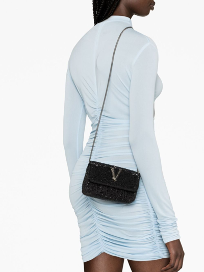 Shop Versace Virtus Rhinestone-embellished Shoulder Bag In Black