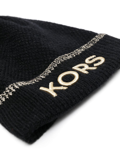 Shop Michael Kors Embroidered-logo Knit Beanie In Black