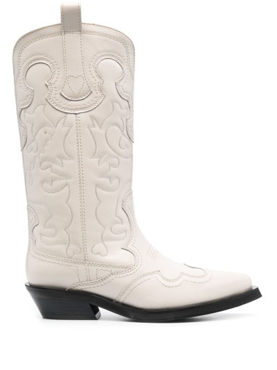 Shop Ganni 40mm Embroidered Mid-calf Western Boots In Neutrals