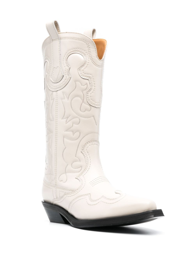 Shop Ganni 40mm Embroidered Mid-calf Western Boots In Neutrals