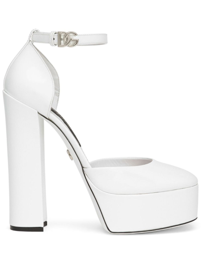 Shop Dolce & Gabbana 105mm Leather Platform Pumps In White