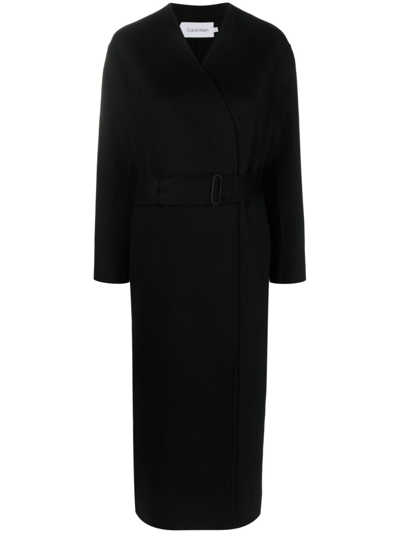 Shop Calvin Klein Belted Wool-blend Maxi Coat In Black