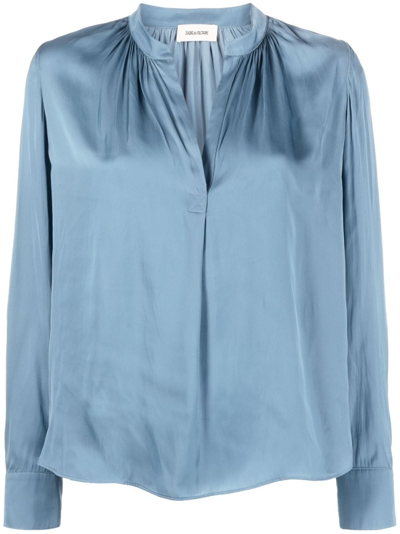 Shop Zadig & Voltaire Tink Band-collar Satin-finish Blouse In Blue