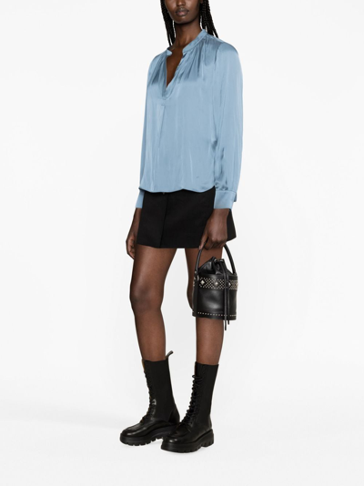 Shop Zadig & Voltaire Tink Band-collar Satin-finish Blouse In Blue