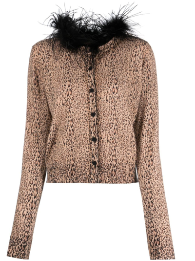 Shop Twinset Leopard-print Feather-detailing Cardigan In Brown