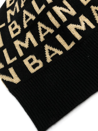 Shop Balmain Intarsia-logo Ribbed-knit Beanie In Black