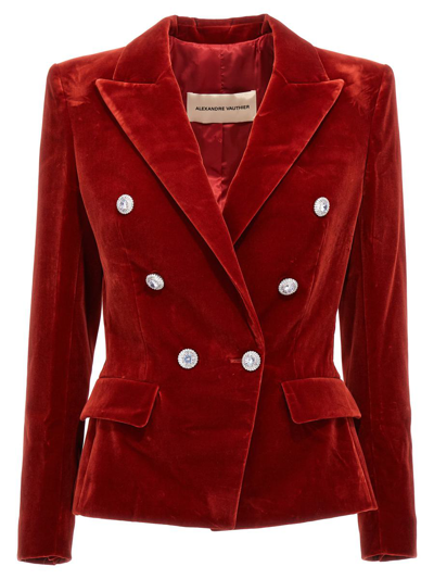 Shop Alexandre Vauthier Double Breast Velvet Blazer Jacket In Red