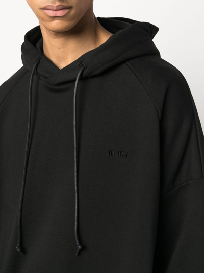 Shop Juunj Drawstring Cotton Hoodie In Black