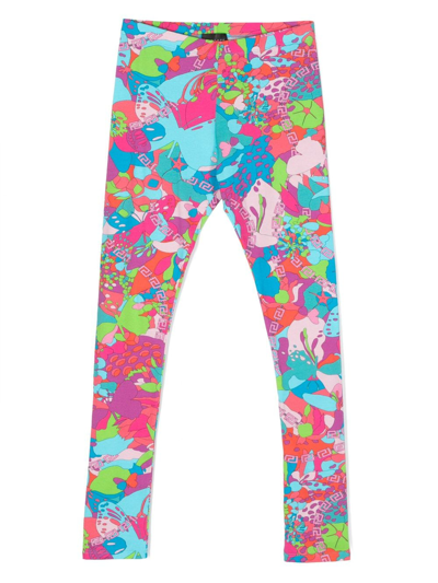 Shop Versace Floral Summer Stretch-cotton Leggings In Blue