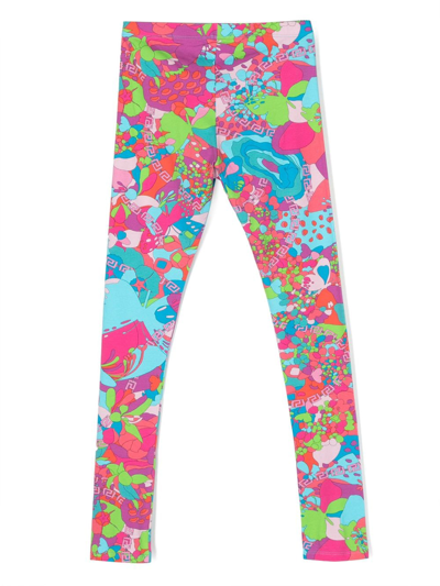 Shop Versace Floral Summer Stretch-cotton Leggings In Blue