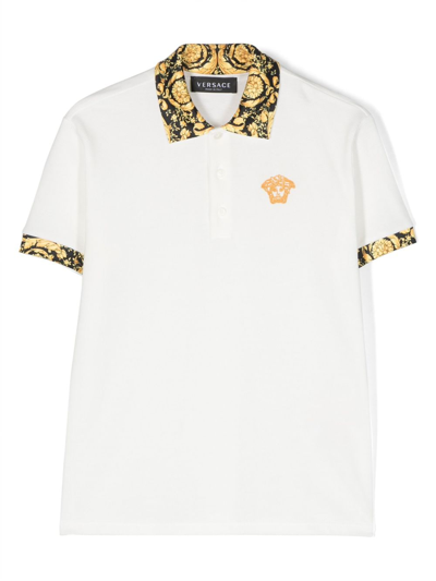 Shop Versace Barocco Kids-print Cotton Polo Shirt In White