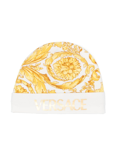 Shop Versace Barocco-print Jersey Knitted Beanie In White