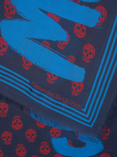Alexander Mcqueen Mcqueen Graffiti Printed Frayed Scarf In Blue