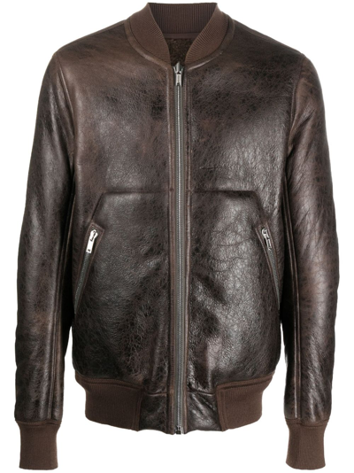 Shop Rick Owens Shearling-lining Leather Bomber Jacket In Brown