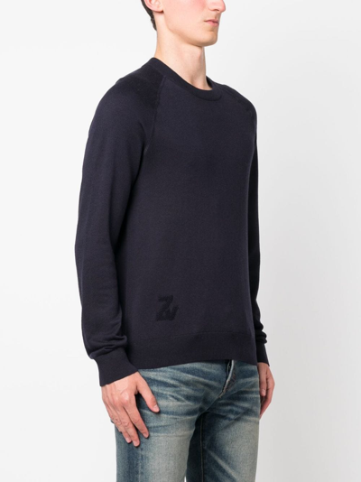 Shop Zadig & Voltaire Thomaso Logo-intarsia Knitted Jumper In Blue