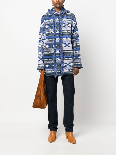 Shop Charlott Fringed Intarsia-knit Wool Cardi-coat In Blue