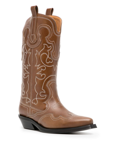 Shop Ganni 40mm Leather Western Boots In Brown