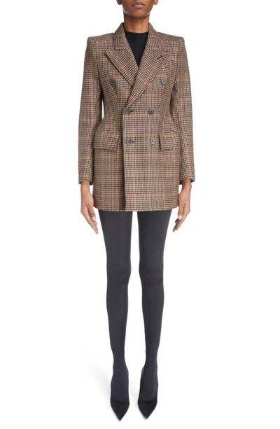 Shop Balenciaga Hourglass Houndstooth Strong Shoulder Double Breasted Wool Blend Blazer In Beige/ Black