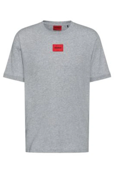 Shop Hugo Regular-fit Cotton T-shirt With Red Logo Label In Dark Grey