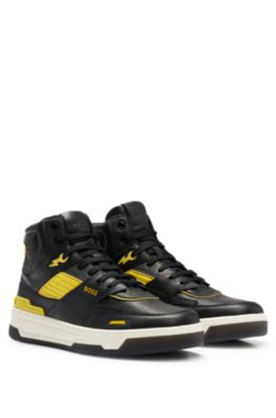 Shop Hugo Boss High-top Basketball-inspired Trainers In Leather In Black