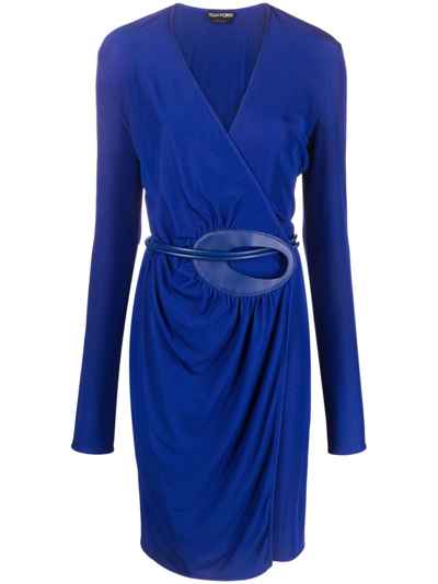 Shop Tom Ford Long-sleeved Belted Wrap Dress In Blue