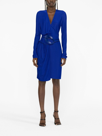 Tom Ford Plunging Leather-trim Microcosta Jersey Wrap Mini Dress In Blue